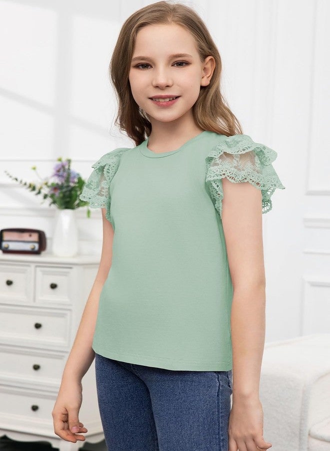blibean Junior Girl Shirts Youth Kid Girls Blouse Summer Short Sleeve Flowy Dress Tops Fashion Casual Dressy Clothes Fancy Solid Blouse Size 8-9 Year Old Light Green - Image 2